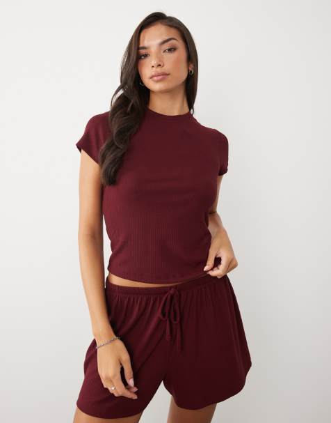 ASOS DESIGN lounge ribbet mix og match pyjamas baby tee i fig - view 1