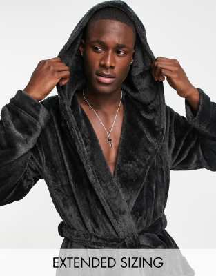 ASOS DESIGN LOUNGE ROBE IN BLACK FLEECE