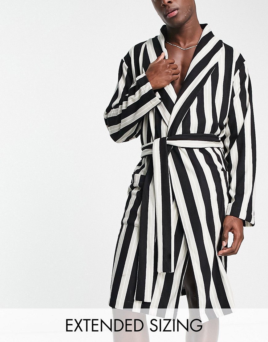 ASOS DESIGN lounge robe in striped fleece in white, gray and navy-Black