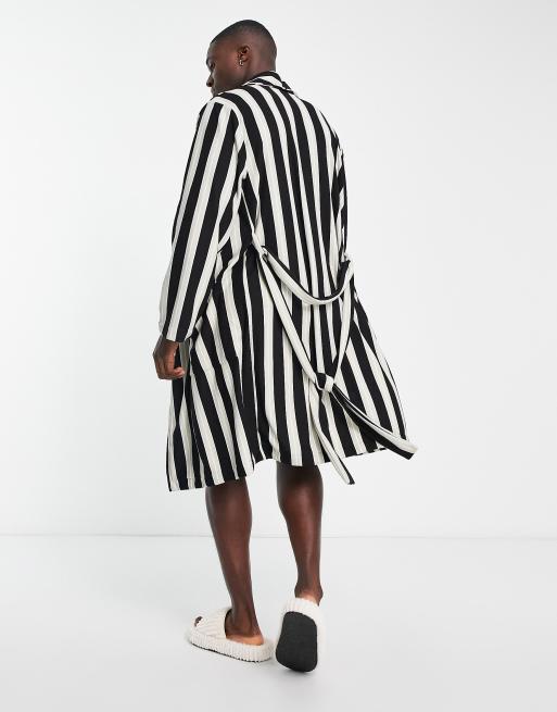 ASOS DESIGN lounge robe in striped fleece in white, gray and navy, 2 of 4
