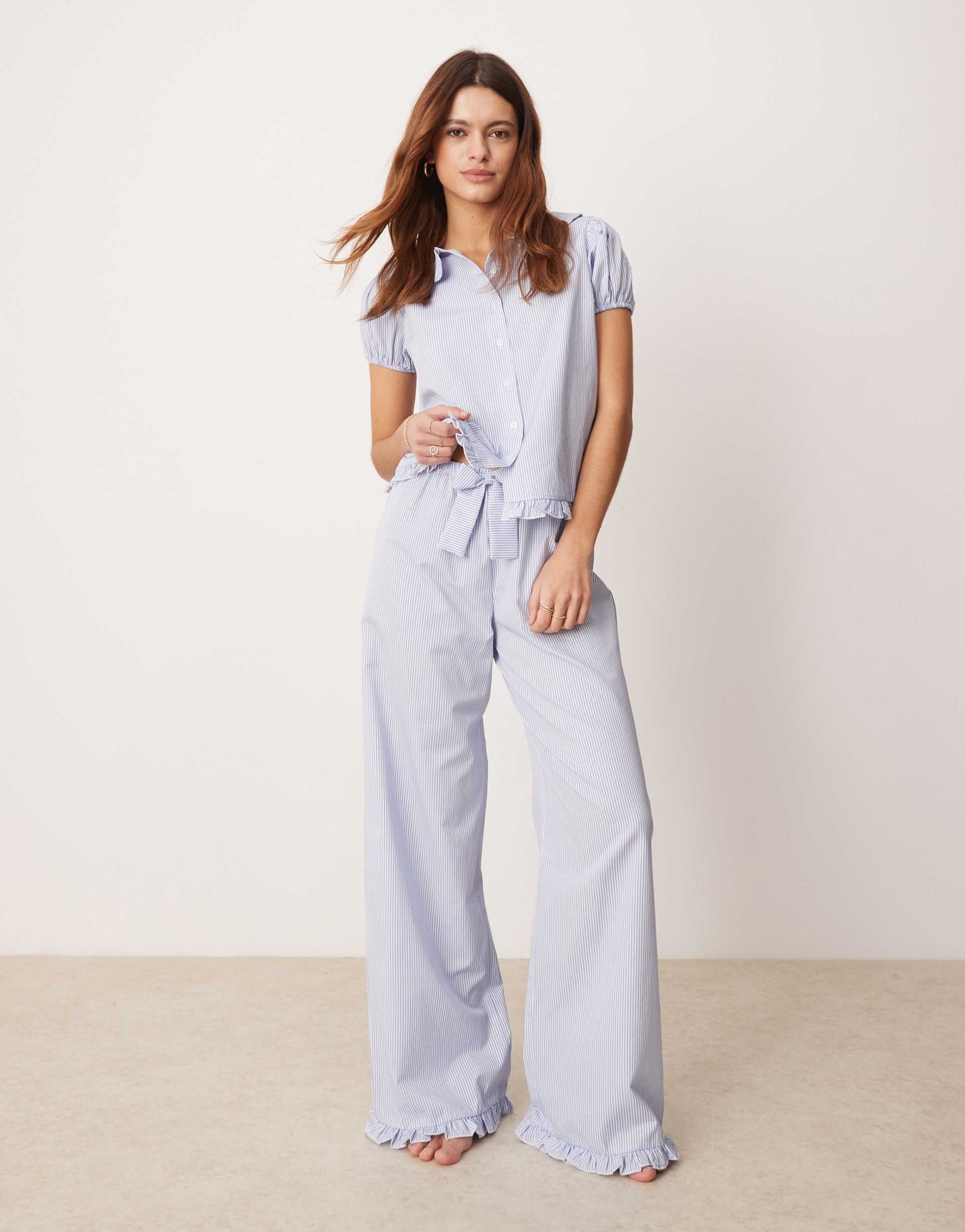 asos design lounge ruffle hem wide leg pants in blue stripe - part of a set