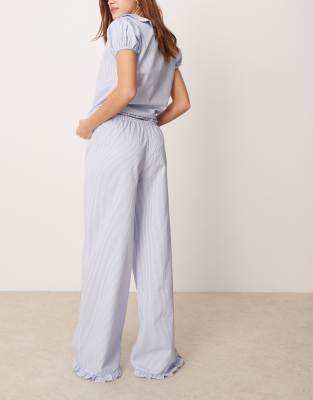 ASOS DESIGN lounge ruffle hem wide leg pants in blue stripe