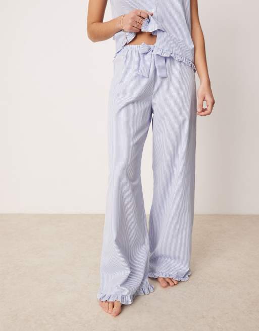 ASOS DESIGN lounge ruffle hem wide leg pants in blue stripe