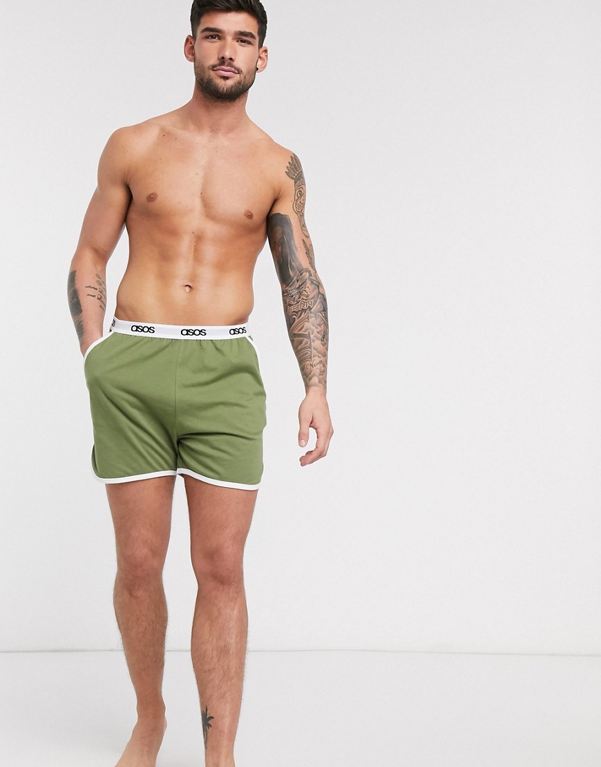 Asos Design Lounge Runner Short In Khaki With Contrast Binding And Branded Waistband-green