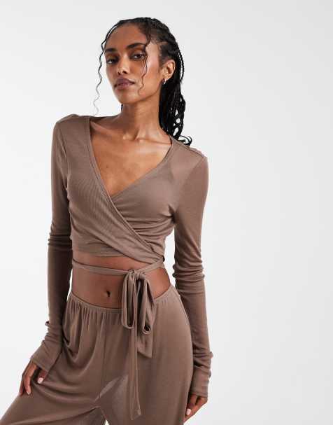 ASOS DESIGN lounge semi sheer ballet wrap top in brown - view 1