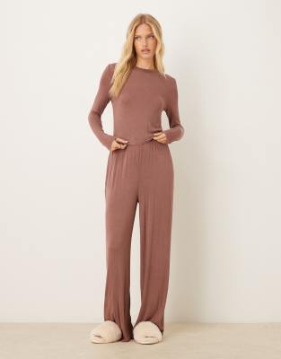 Asos Design Lounge Sheer Long Sleeve Top In Brown