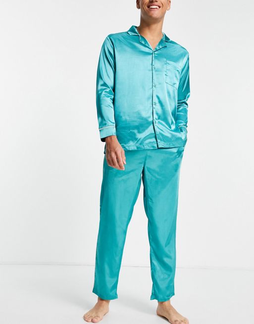 ASOS DESIGN satin shirt & trouser pyjama set with contrast piping in emerald  green