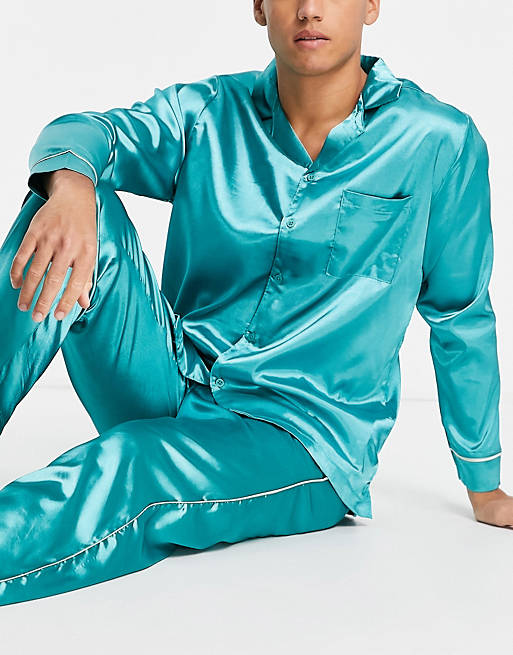 ASOS DESIGN lounge shirt and trousers pyjama set in satin with piping