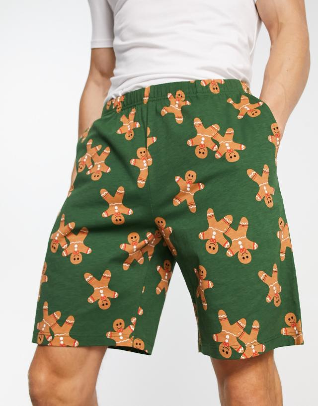 ASOS DESIGN lounge short in green with Christmas gingerbread man print