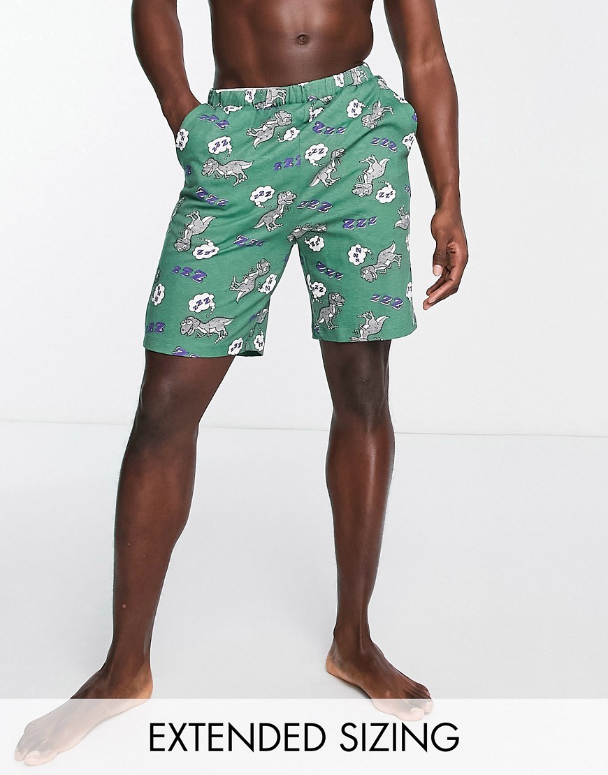Asos Design Lounge Shorts In Green With Dinosaur Print