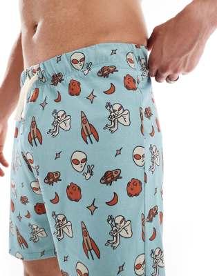 Asos Design Lounge Shorts With Drawstring And Alien Print In Blue