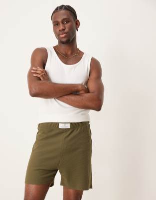 ASOS DESIGN lounge shorts with woven patch in khaki waffle - view 1