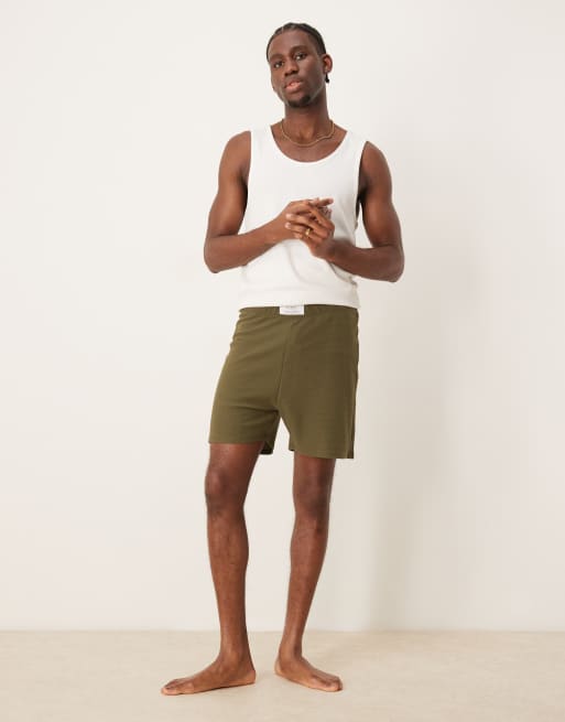 ASOS DESIGN lounge shorts with woven patch in khaki waffle