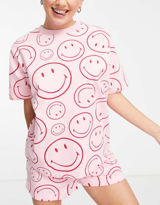 ASOS DESIGN lounge Smiley brushed sweat tee & shorts set in pink