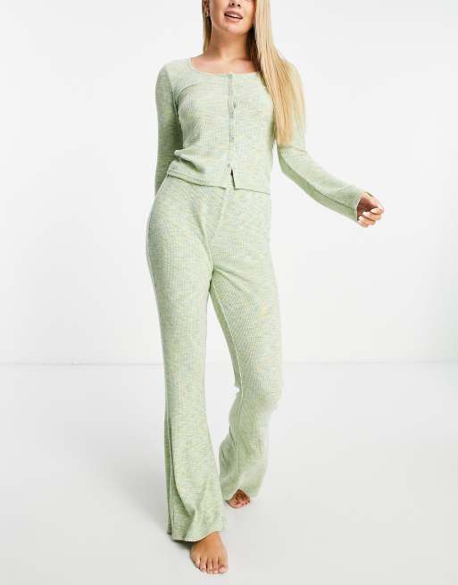 ASOS DESIGN lounge space dye rib long sleeve button up top & pants set in green