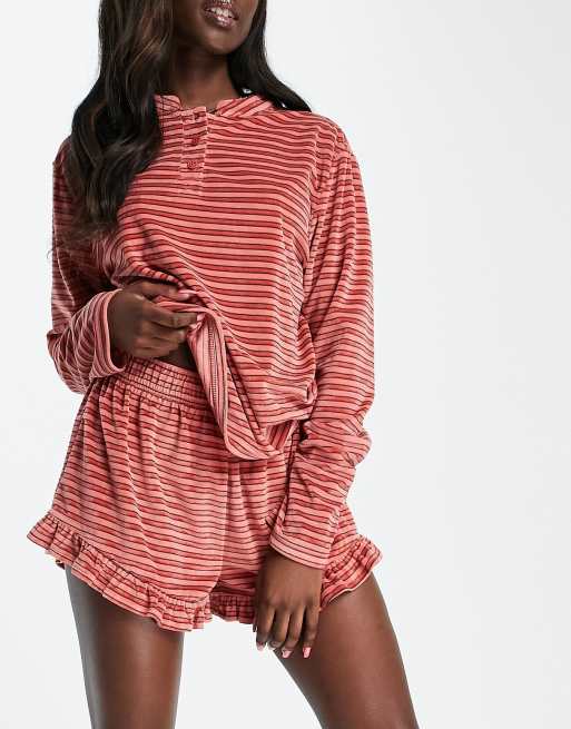 ASOS DESIGN lounge stripe velour henley top & shorts set in rust