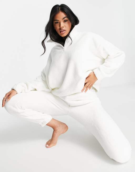 ASOS DESIGN lounge super soft fleece zip up sweat & trackies set in cream