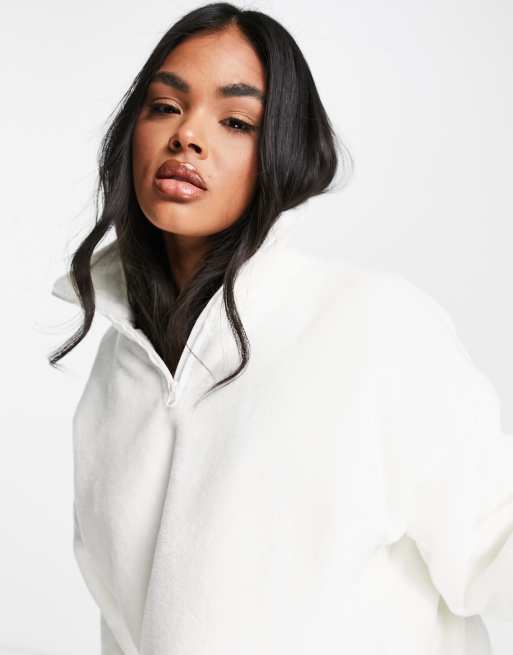 ASOS DESIGN lounge super soft fleece zip up sweat & trackies set in cream, 3 of 4