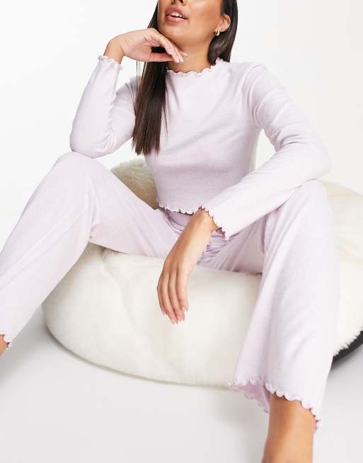 ASOS DESIGN lounge super soft long sleeve top & trouser set with lettuce edge in pink 