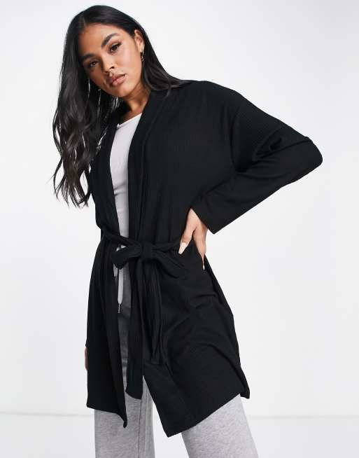 ASOS DESIGN lounge super soft rib midi robe in black