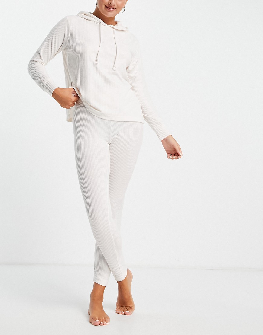ASOS DESIGN lounge super soft rib oversized hoodie with splits & legging set in cream-White