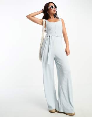 Shop ASOS DESIGN lounge super soft rib square neck jumpsuit in blue Online – Trendy & Affordable Fashion