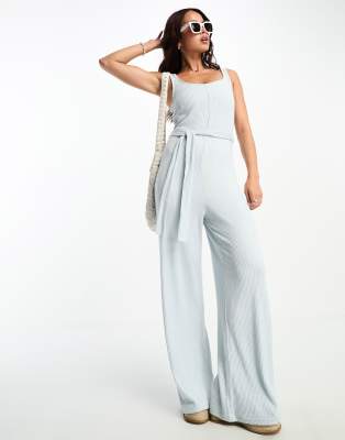 ASOS DESIGN lounge super soft rib square neck jumpsuit in blue