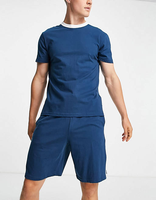ASOS DESIGN lounge t-shirt and short pyjama set in navy with side stripe
