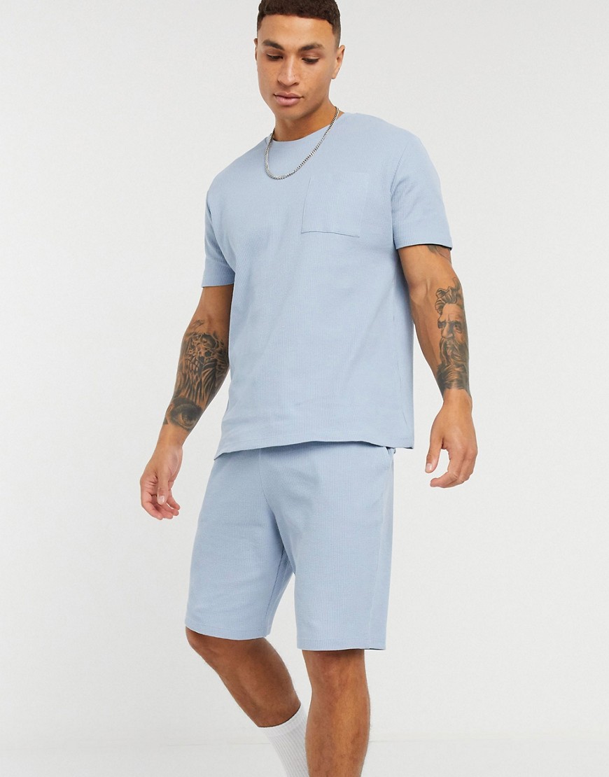 ASOS DESIGN lounge t-shirt and short pyjama set in waffle-Blue