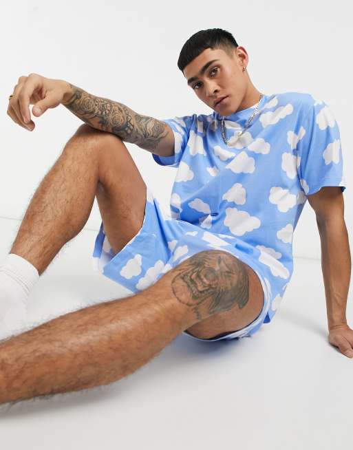 ASOS DESIGN lounge T-shirt and shorts pajama set with cloud print in blue