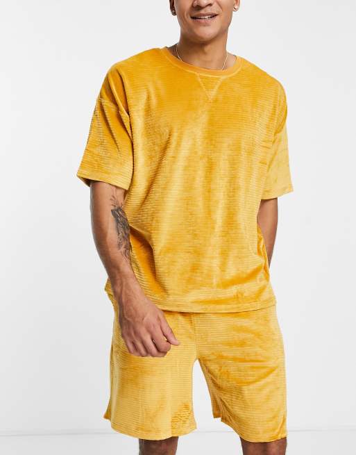 ASOS DESIGN lounge t-shirt and shorts pyjama set in velour rib in yellow