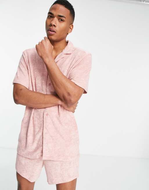 ASOS DESIGN lounge terry cloth shirt and shorts pajama set in pastel pink