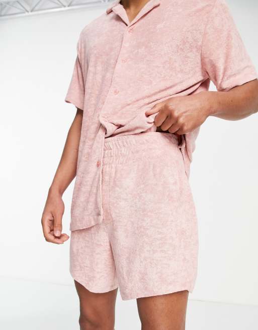 ASOS DESIGN lounge terry cloth shirt and shorts pajama set in pastel pink