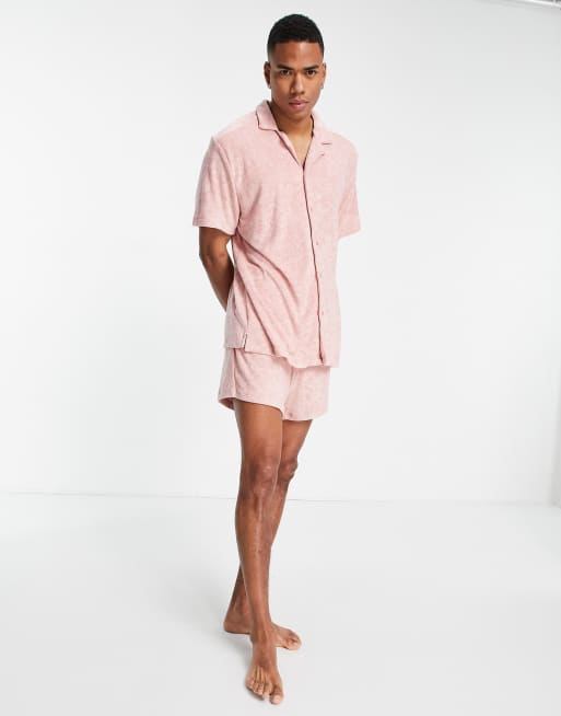 ASOS DESIGN lounge terry cloth shirt and shorts pajama set in