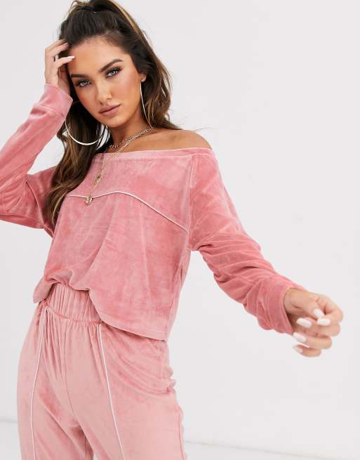 ASOS DESIGN lounge velour off shoulder sweat & short set, 2 of 3