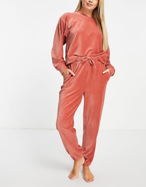 ASOS DESIGN lounge velour rib sweat jogger set in rust ASOS