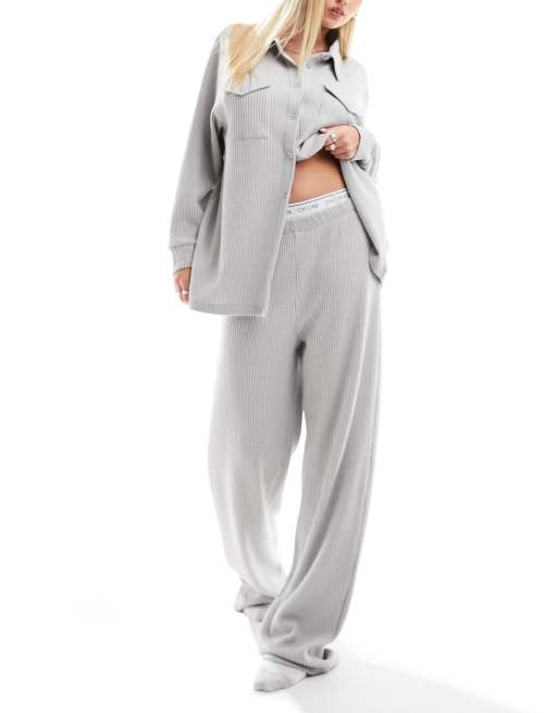 ASOS DESIGN lounge waffle texture shirt & pants set in gray