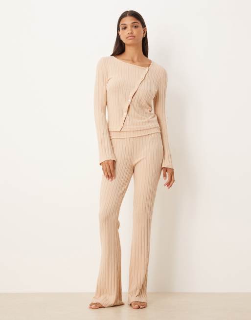 ASOS DESIGN lounge wide rib asymmetrical cardigan in stone, 2 of 4