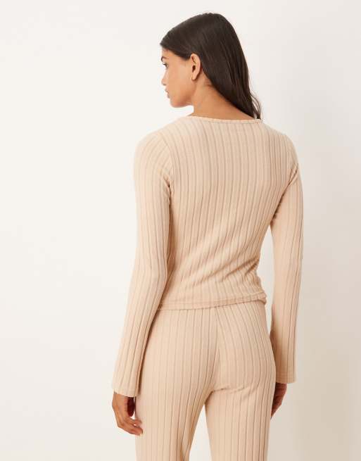 ASOS DESIGN lounge wide rib asymmetrical cardigan in stone, 4 of 4
