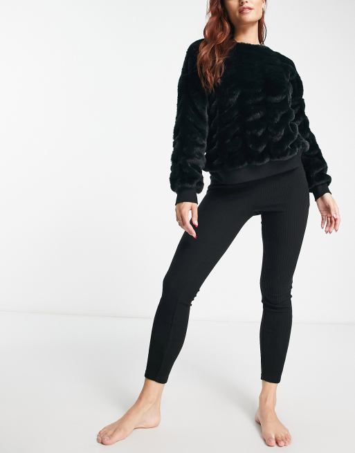 ASOS DESIGN lounge yeti faux fur sweat & brushed rib leggings set in black
