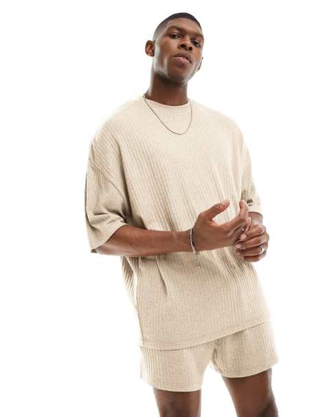 ASOS DESIGN - Loungekledingset van T-shirt en short van getextureerde geribbelde stof in stone - view 1