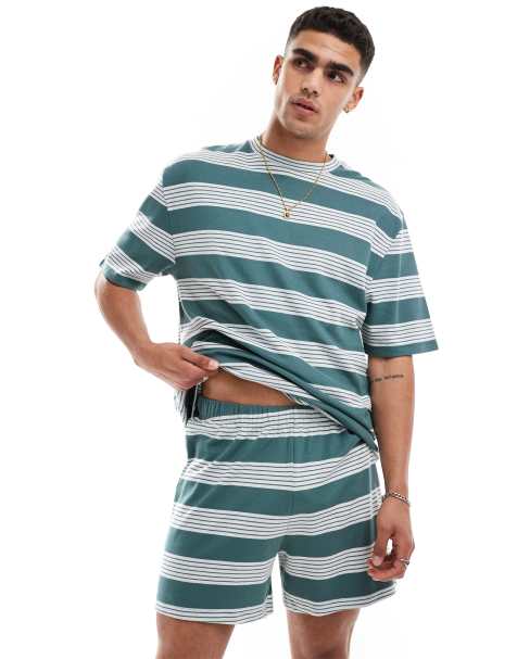 ASOS DESIGN - Loungesæt med T-shirt og shorts med blå/råhvide striber - view 1