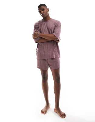 loungewear brushed rib knit set with boxy t-shirt and shorts in dark brown