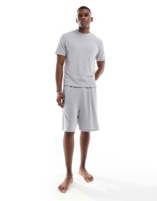 ASOS DESIGN loungewear brushed rib set with boxy t-shirt and shorts in grey