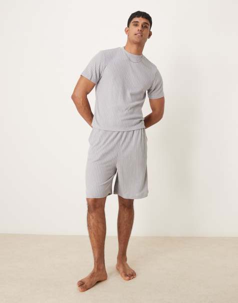 ASOS DESIGN loungewear brushed rib set with boxy t-shirt and shorts in grey - view 1