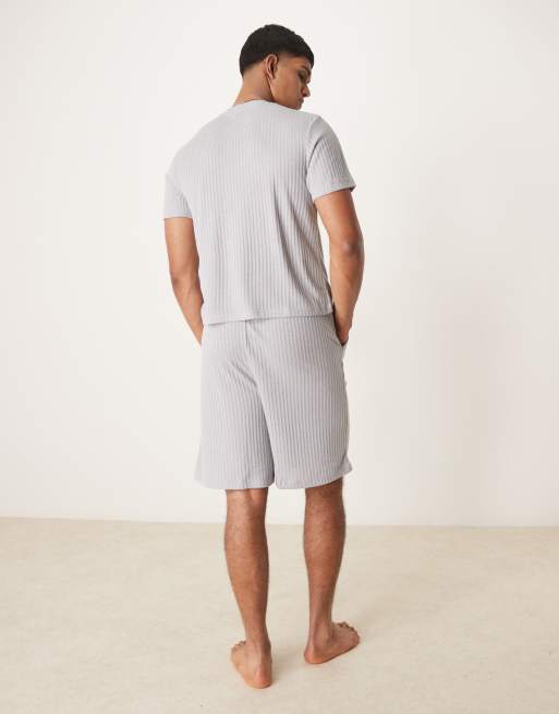ASOS DESIGN loungewear brushed rib set with boxy t-shirt and shorts in grey, 2 of 4