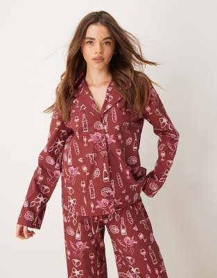 ASOS DESIGN - Loungewear-Hemd aus Popeline mit Urlaubsprint und Kragen-Rot