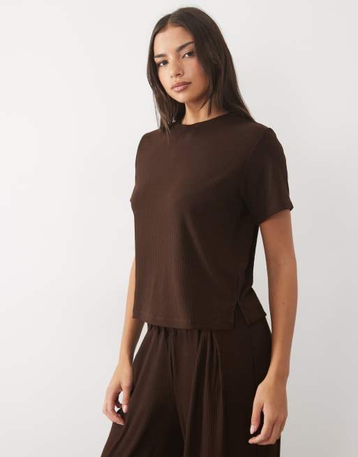 ASOS DESIGN – Mix and Match – Gerippter Lounge-Pyjama in Schokobraun, 3 von 6