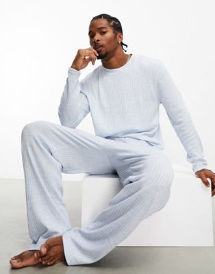 ASOS DESIGN loungewear set with long sleeve top and trousers in blue textured rib