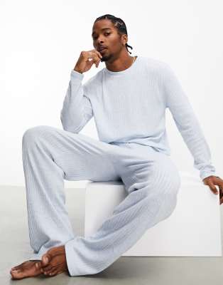 ASOS DESIGN loungewear set with long sleeve top and trousers in blue textured rib